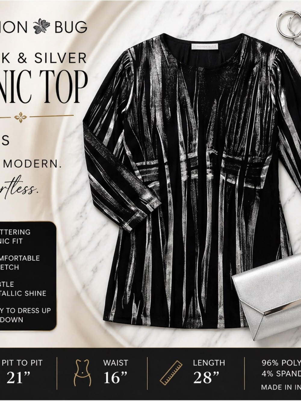 Fashion Bug Dressy Tunic Top Black Silver Print Size S Work Party Blouse